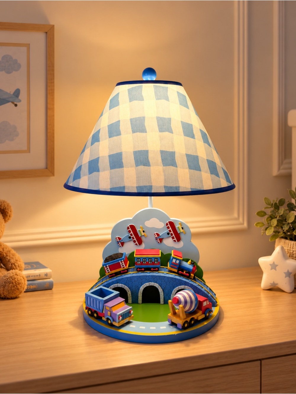 Vintage PJ Kids Wooden Train Airplane Trucks Table Lamp Blue Gingham Shade Decor